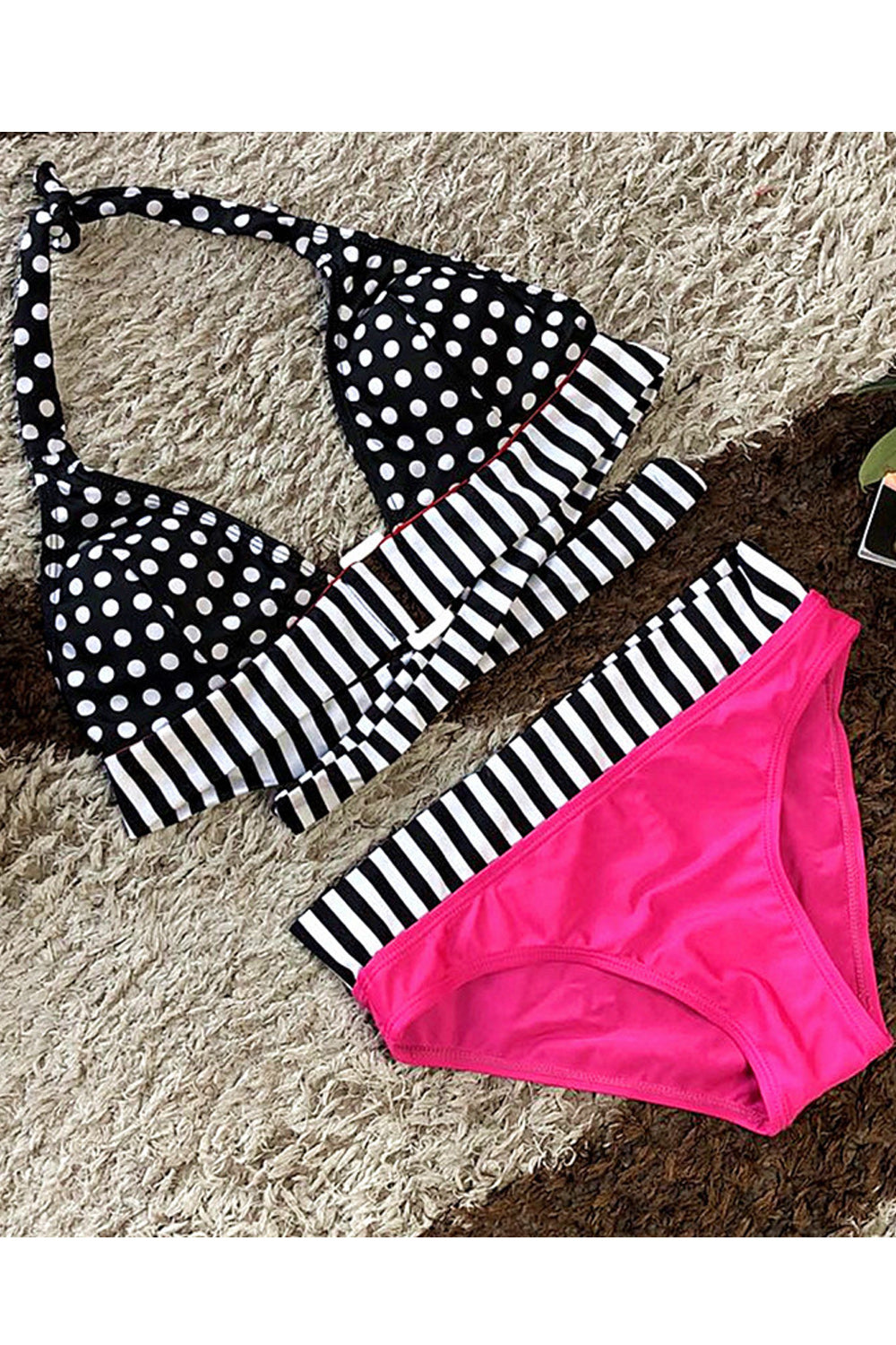 Women Cute Polka Dotted Two Piece Elasticated Waist Swimwear - WSW96327