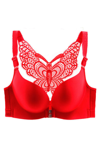 Women Plus Push Up Front Buckle Beauty Butterfly Embroidery Front Closure Wireless Bra - WPBRA119767