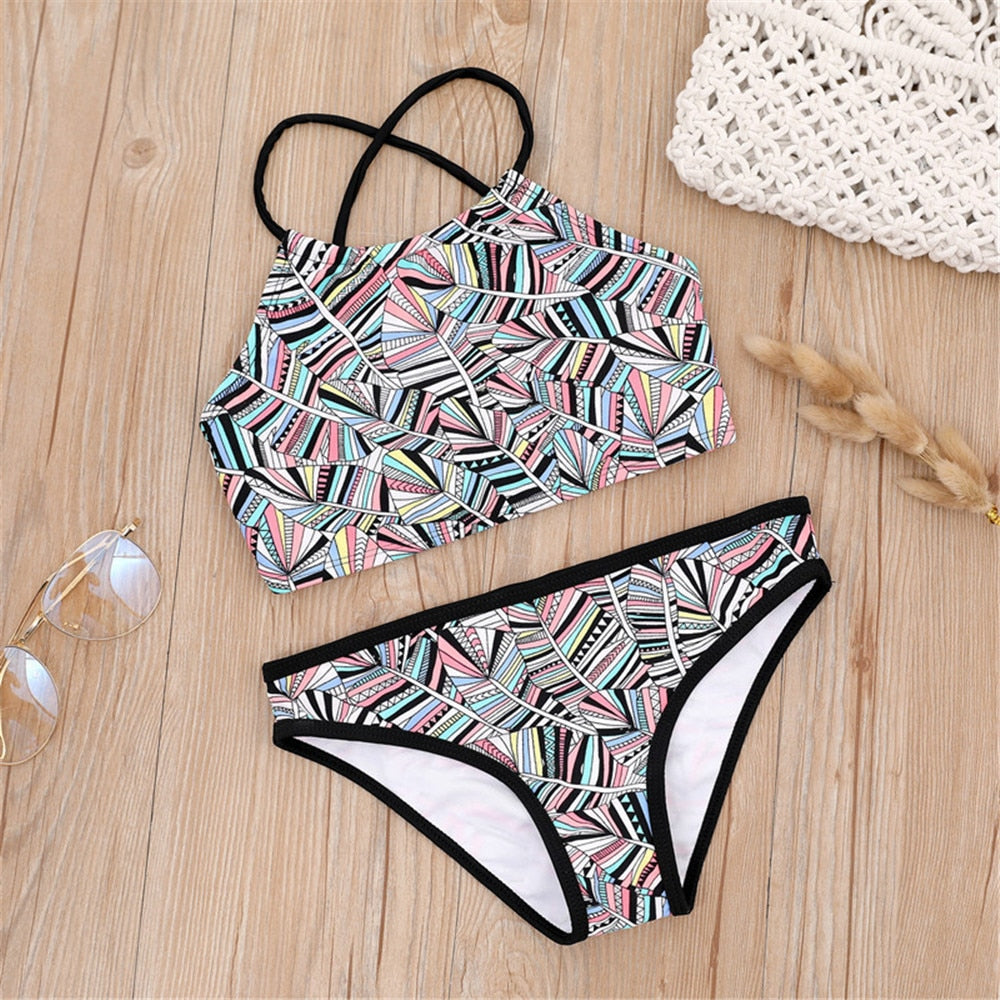 Kids Girls Flower Printed Summer  Swimsuit Bikini