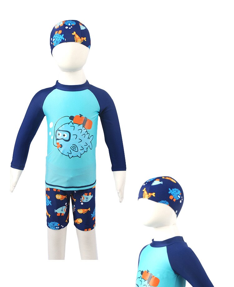 Kids Boy Two Pieces Swim Suit Cartoon Fish Sunblock Beach Bodysuit