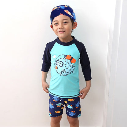 Kids Boy Two Pieces Swim Suit Cartoon Fish Sunblock Beach Bodysuit