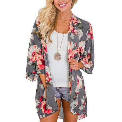 Women Floral Leopard Print Half Sleeve Shawl Chiffon Kimono Beach Cover Up