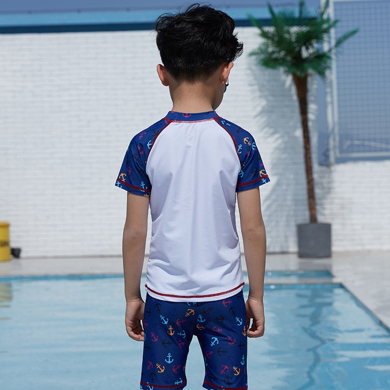 Kids Boy Swimwear 2pcs With Cap Short Sleeve Bodysuit