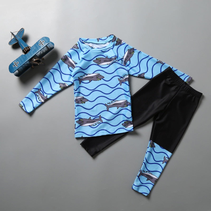 Kids boy's body rash protection long sleeve Fish Printed swimsuit