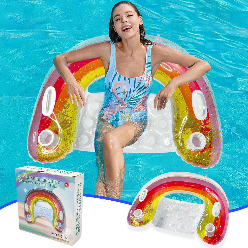 Sequin rainbow seat floating row adult water seat with cup holder outdoor U-shaped seat with handle