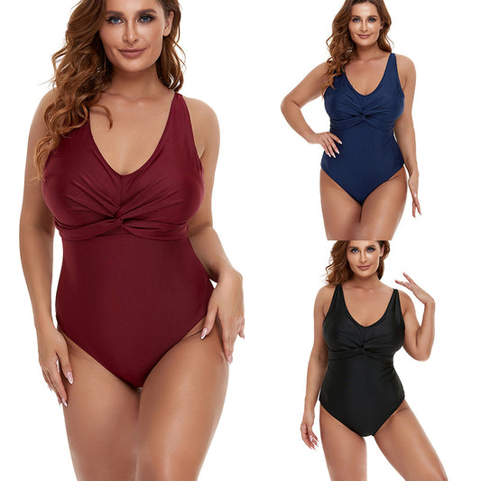 Solid color one-piece briefs waist slimming tight Amazon cross-border large size swimsuit