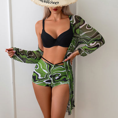 2024 New Split Swimsuit Women's Hard-Bag Bikini Three-Piece Set Long-Sleeved Cover-Up