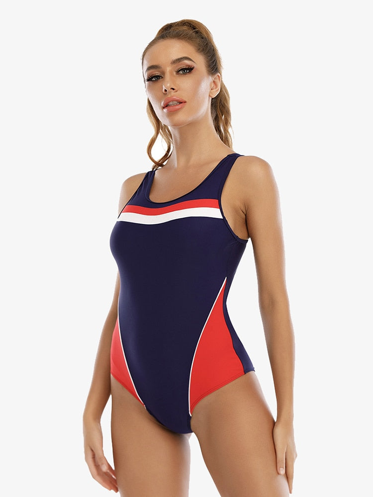 Women Colorblock One Piece Racer Back Competitive Sports Swimming Suit