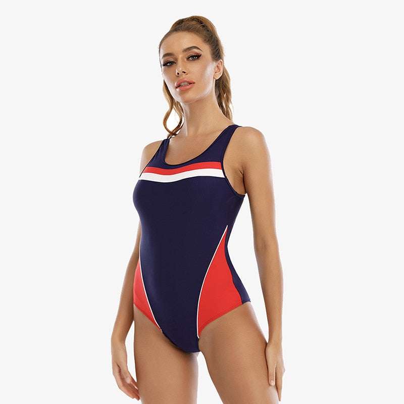 Women Colorblock One Piece Racer Back Competitive Sports Swimming Suit