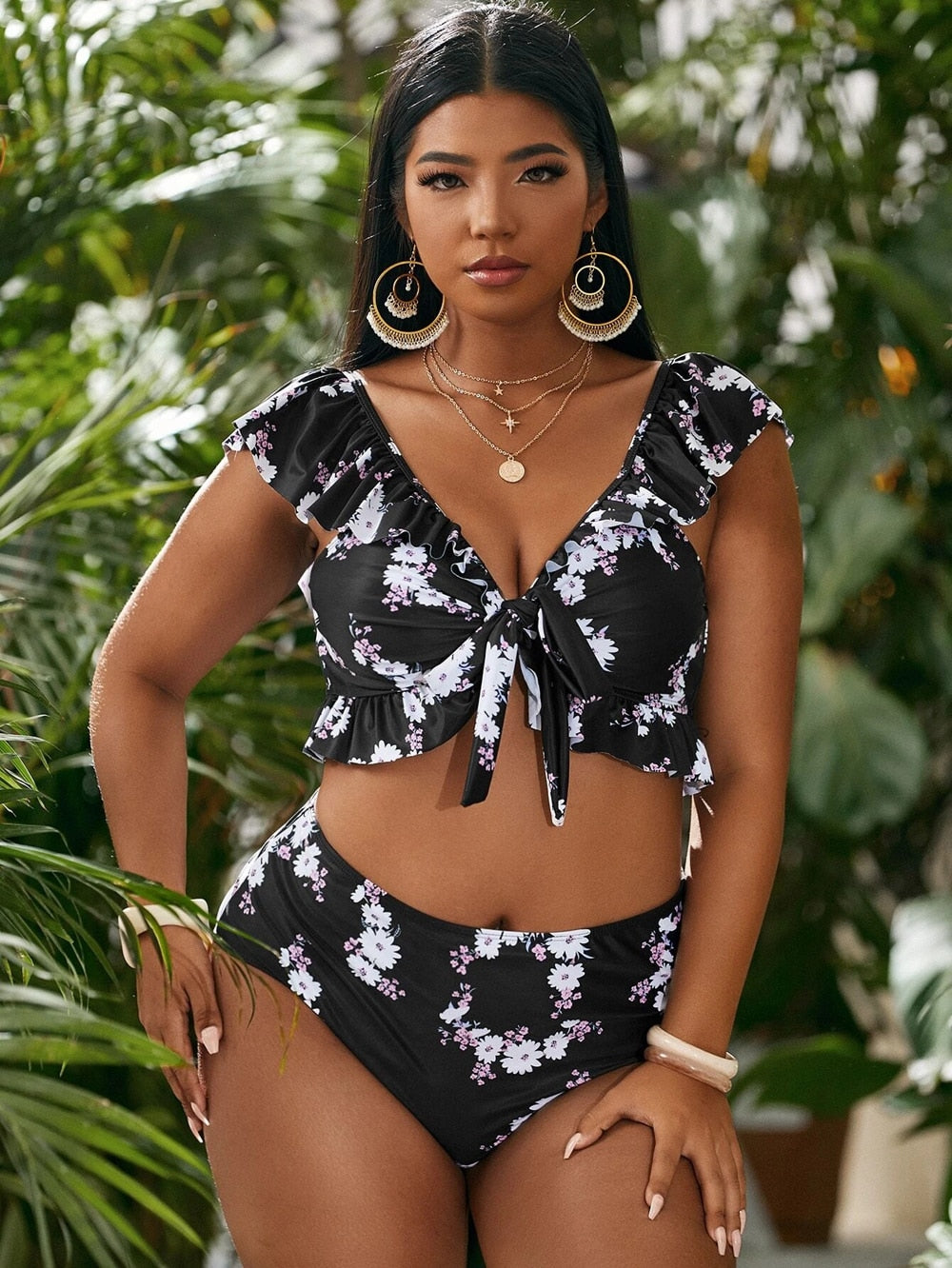 Women Push Up Bikinis Set  Plus Size Swimsuit High Waist Floral Swimwear