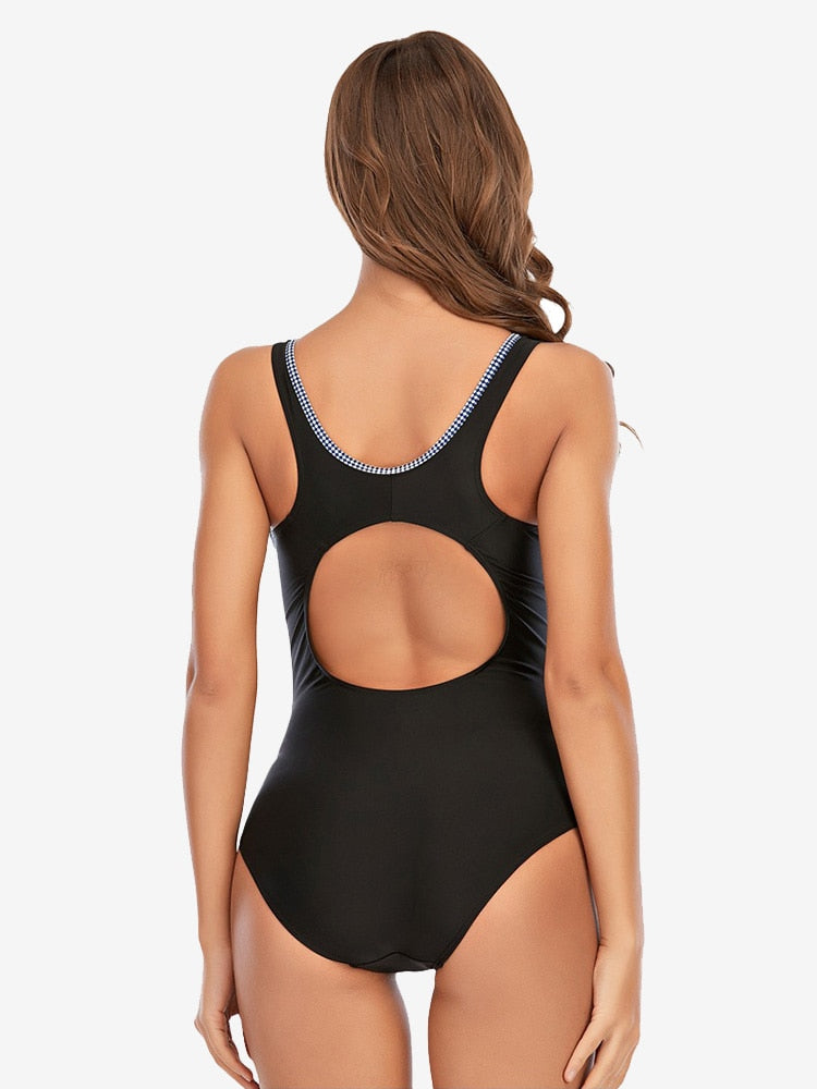 Women One Piece Swimwear  Racer Back Bodysuit Patchwork Bathing Suit