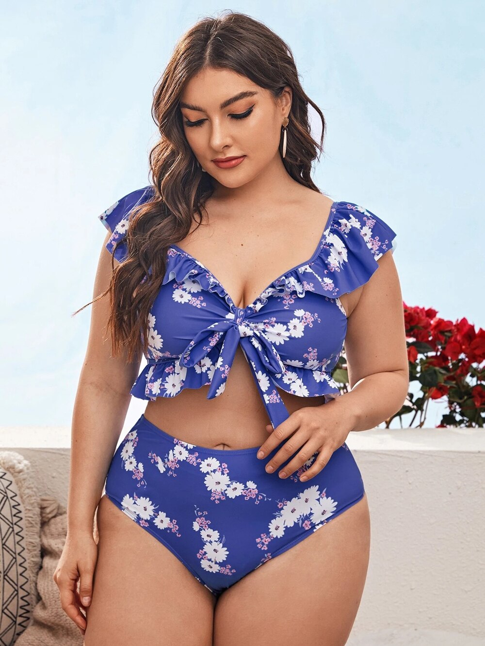 Women Push Up Bikinis Set  Plus Size Swimsuit High Waist Floral Swimwear