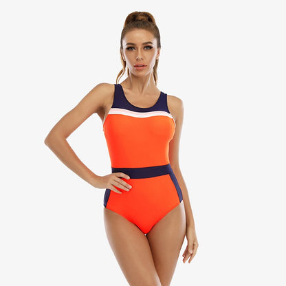 Women Colorblock One Piece Racer Back Competitive Sports Swimming Suit