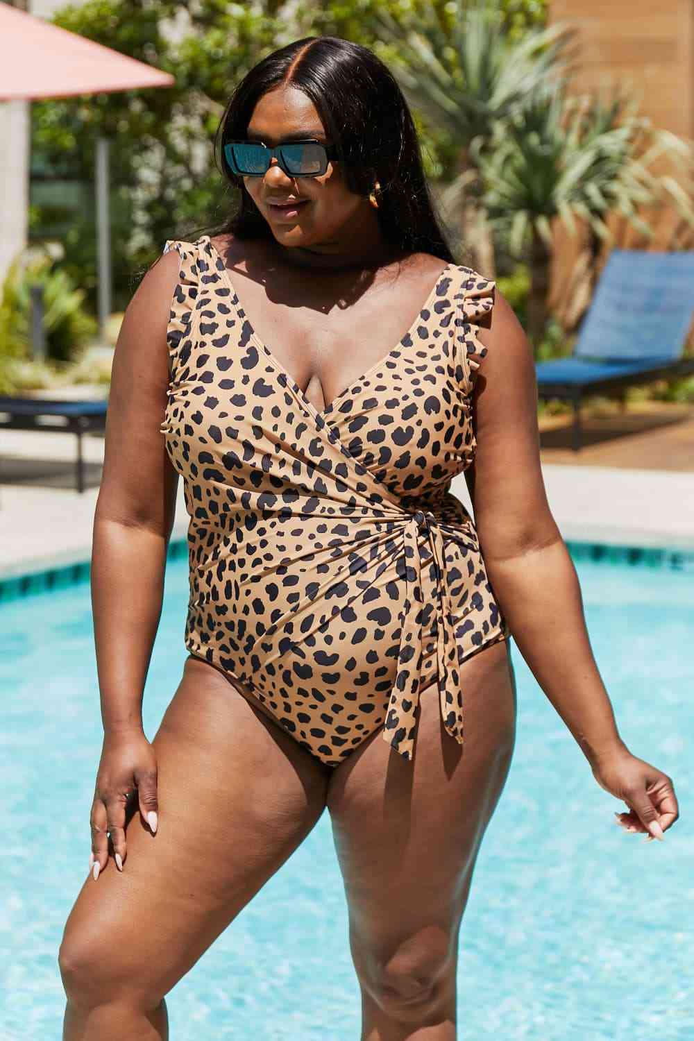 Women's Marina West Swim Full Size Float On Ruffle Faux Wrap One-Piece in Leopard