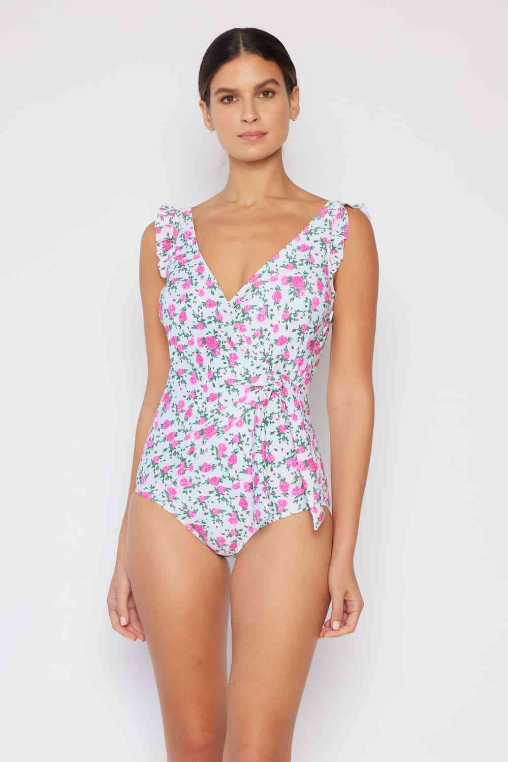 Women's Marina West Swim Full Size Float On Ruffle Faux Wrap One-Piece in Roses Off-White