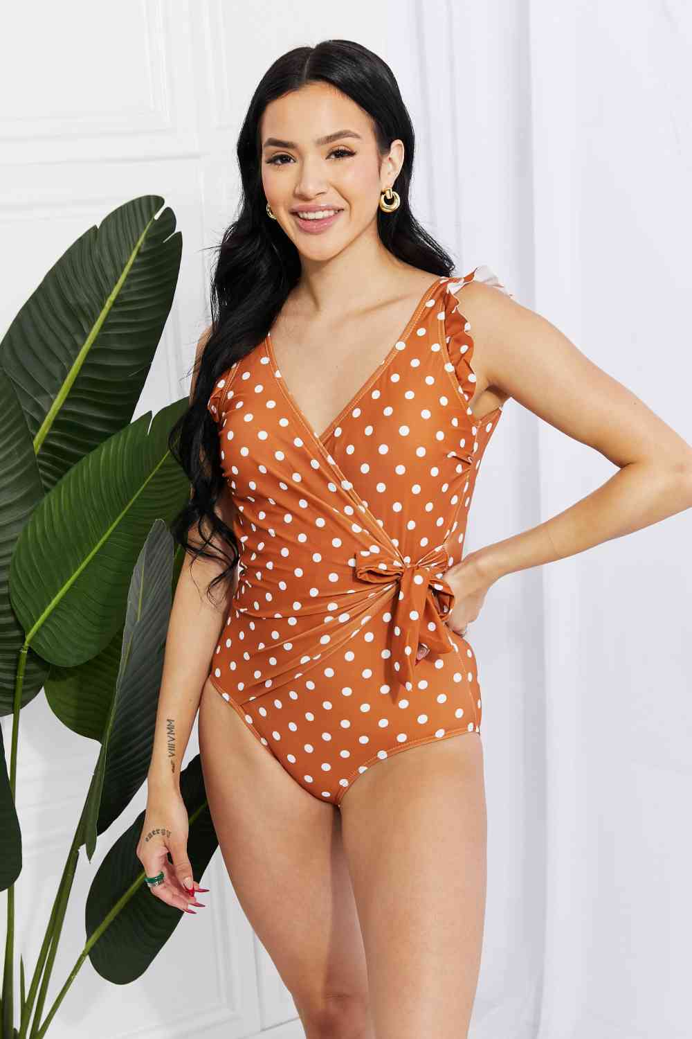 Women's Marina West Swim Full Size Float On Ruffle Faux Wrap One-Piece in Terracotta