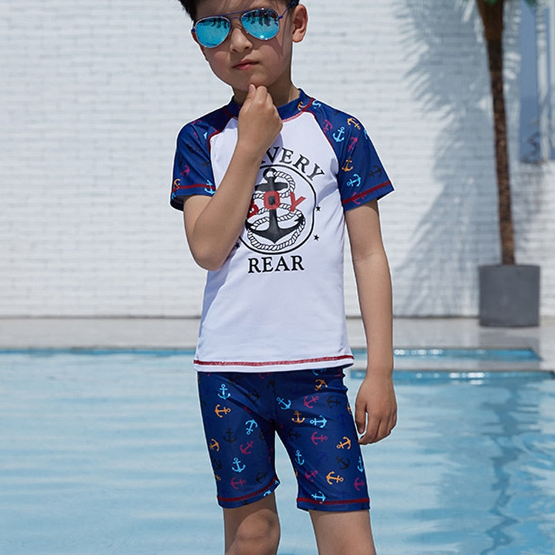 Kids Boy Swimwear 2pcs With Cap Short Sleeve Bodysuit