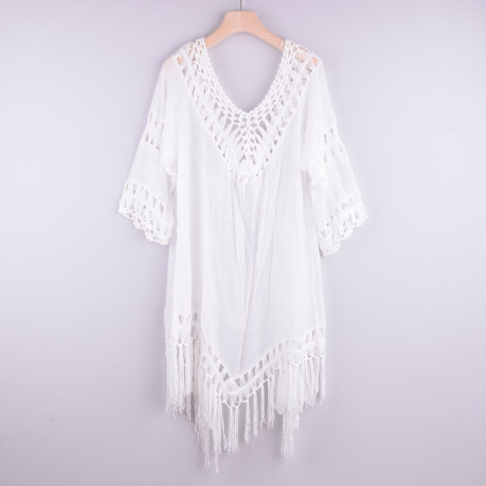 Summer Beach Women Tops Lace Tunic Hollow Out Tassel Robe Cover Up Swimsuit For Women