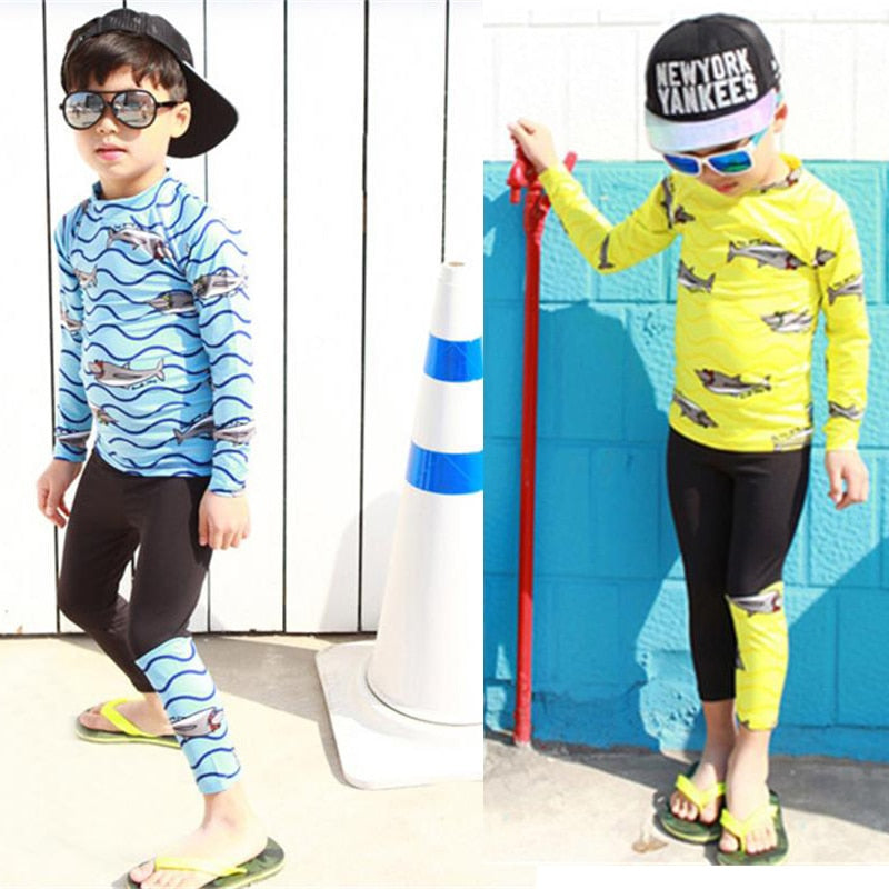 Kids boy's body rash protection long sleeve Fish Printed swimsuit