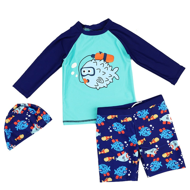 Kids Boy Two Pieces Swim Suit Cartoon Fish Sunblock Beach Bodysuit