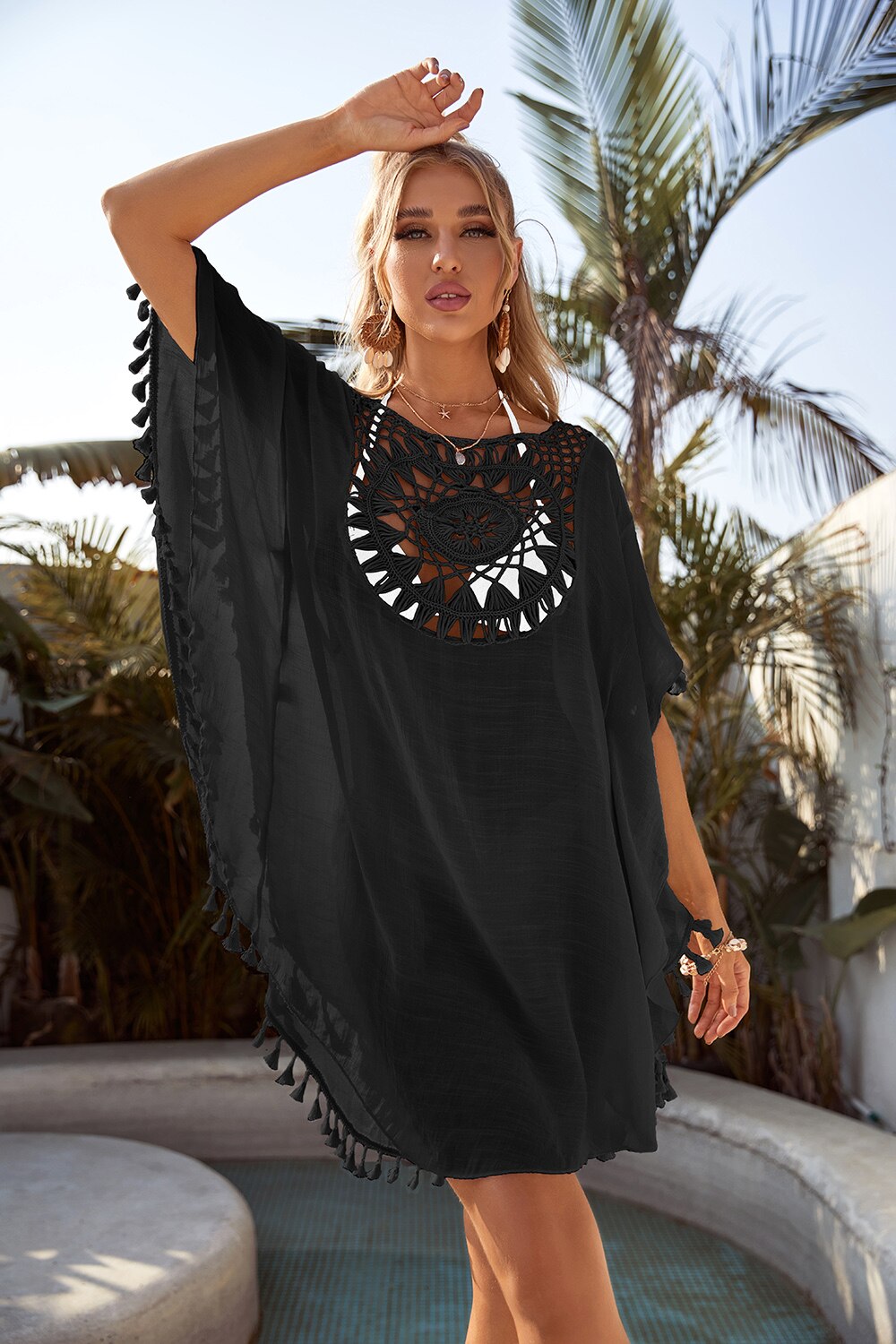 Women  Bikini Cover Up with Fringe Trim Women  Hollow Tunic Beach Dress