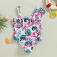 Kids Girls Swimsuits Floral Leaves Print Sleeveless Ruffles Straps Bathing Suit Child Girls Holiday Beach Swimwear 2-7Y