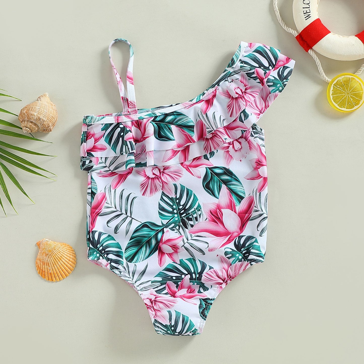 Kids Girls Swimsuits Floral Leaves Print Sleeveless Ruffles Straps Bathing Suit Child Girls Holiday Beach Swimwear 2-7Y