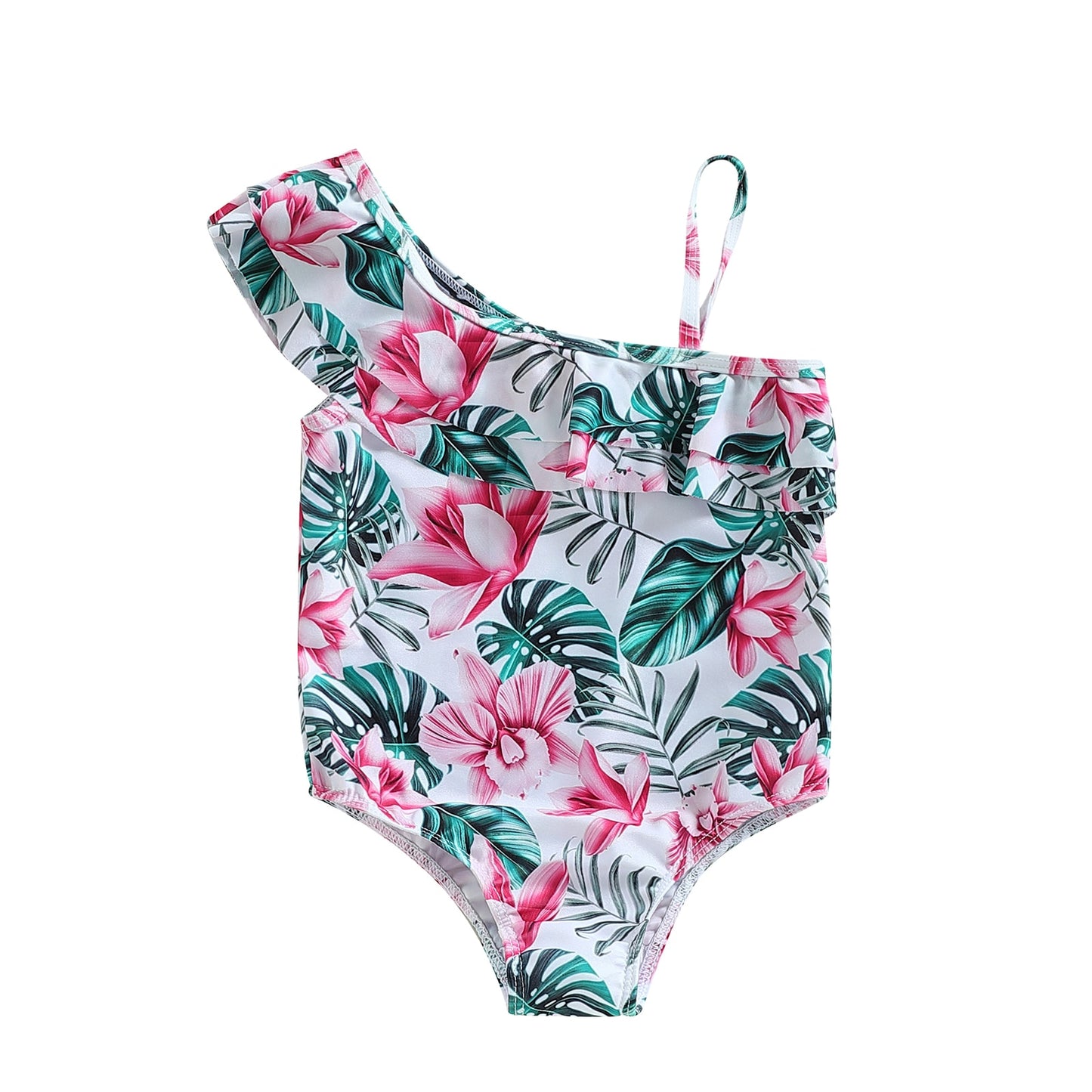 Kids Girls Swimsuits Floral Leaves Print Sleeveless Ruffles Straps Bathing Suit Child Girls Holiday Beach Swimwear 2-7Y