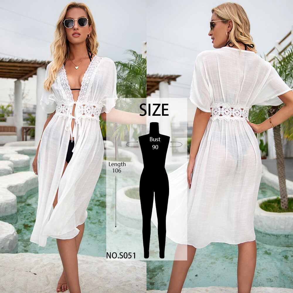 women Bikini Cover-Ups Long White Tunic Casual Summer Beach Dress