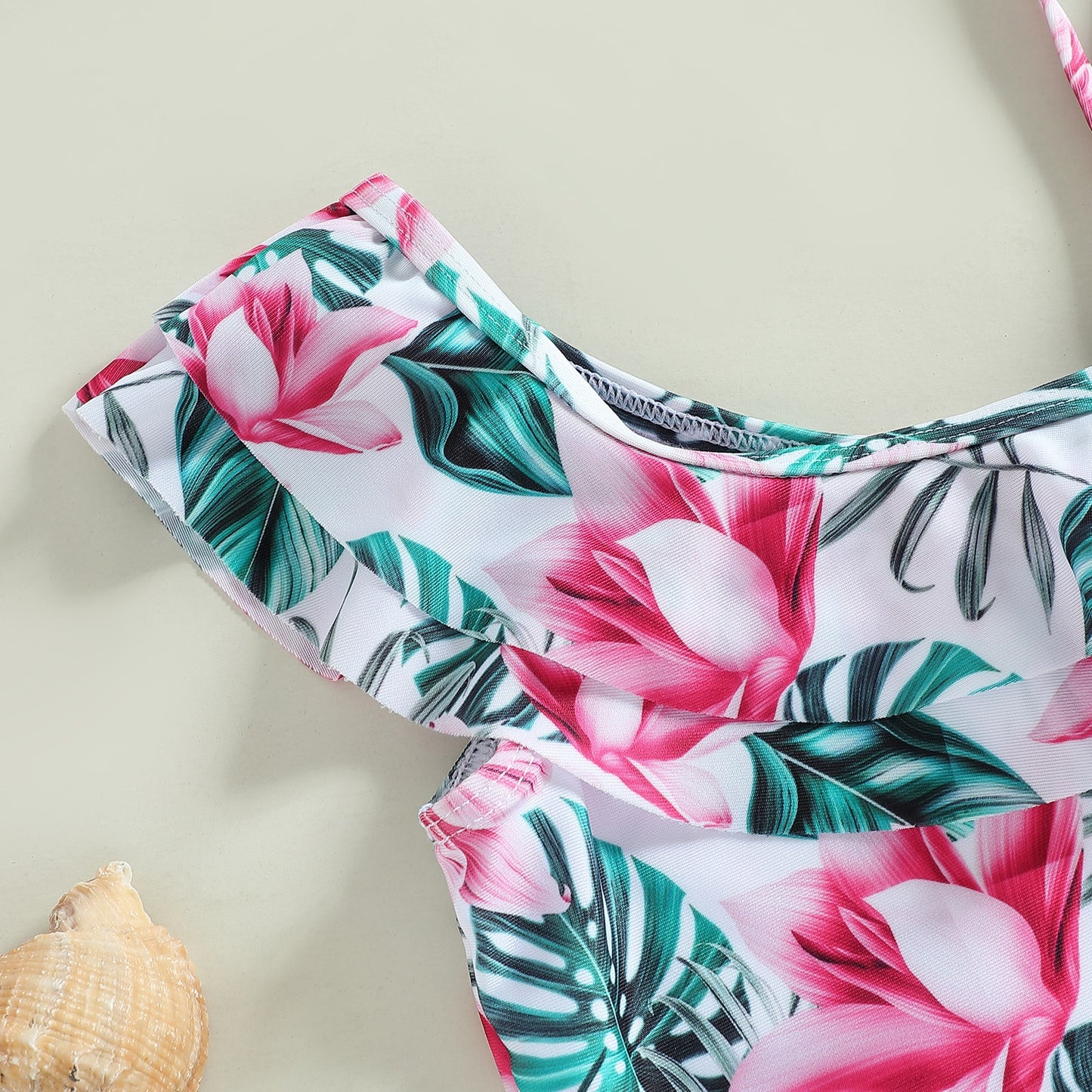 Kids Girls Swimsuits Floral Leaves Print Sleeveless Ruffles Straps Bathing Suit Child Girls Holiday Beach Swimwear 2-7Y