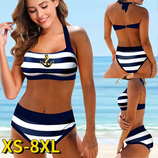 Women Summer Striped Print Bikini Sets Swimsuit